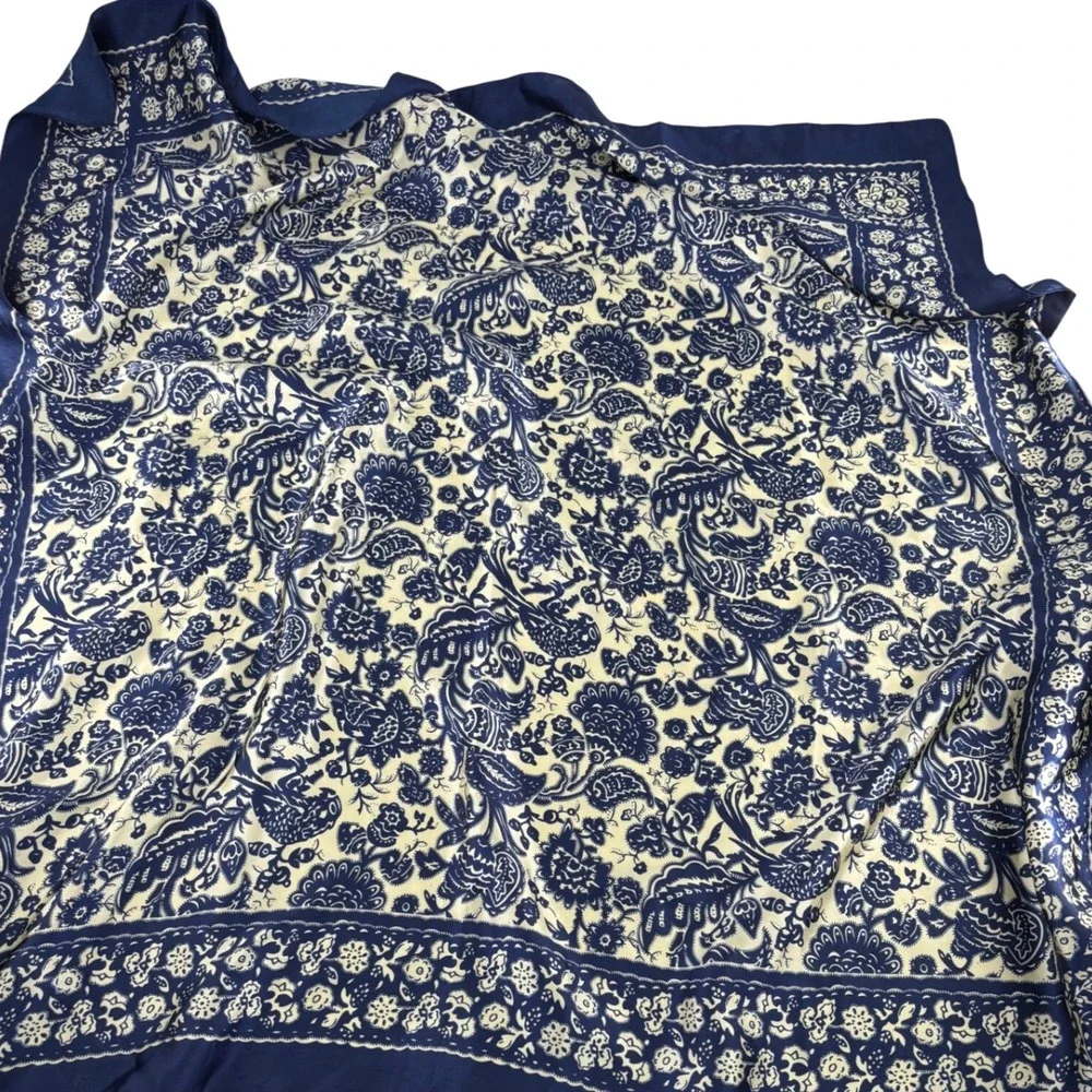 Navy Blue Cream Floral Bird Paisley Square Scarf Silky‎ Neckerchief 35x35